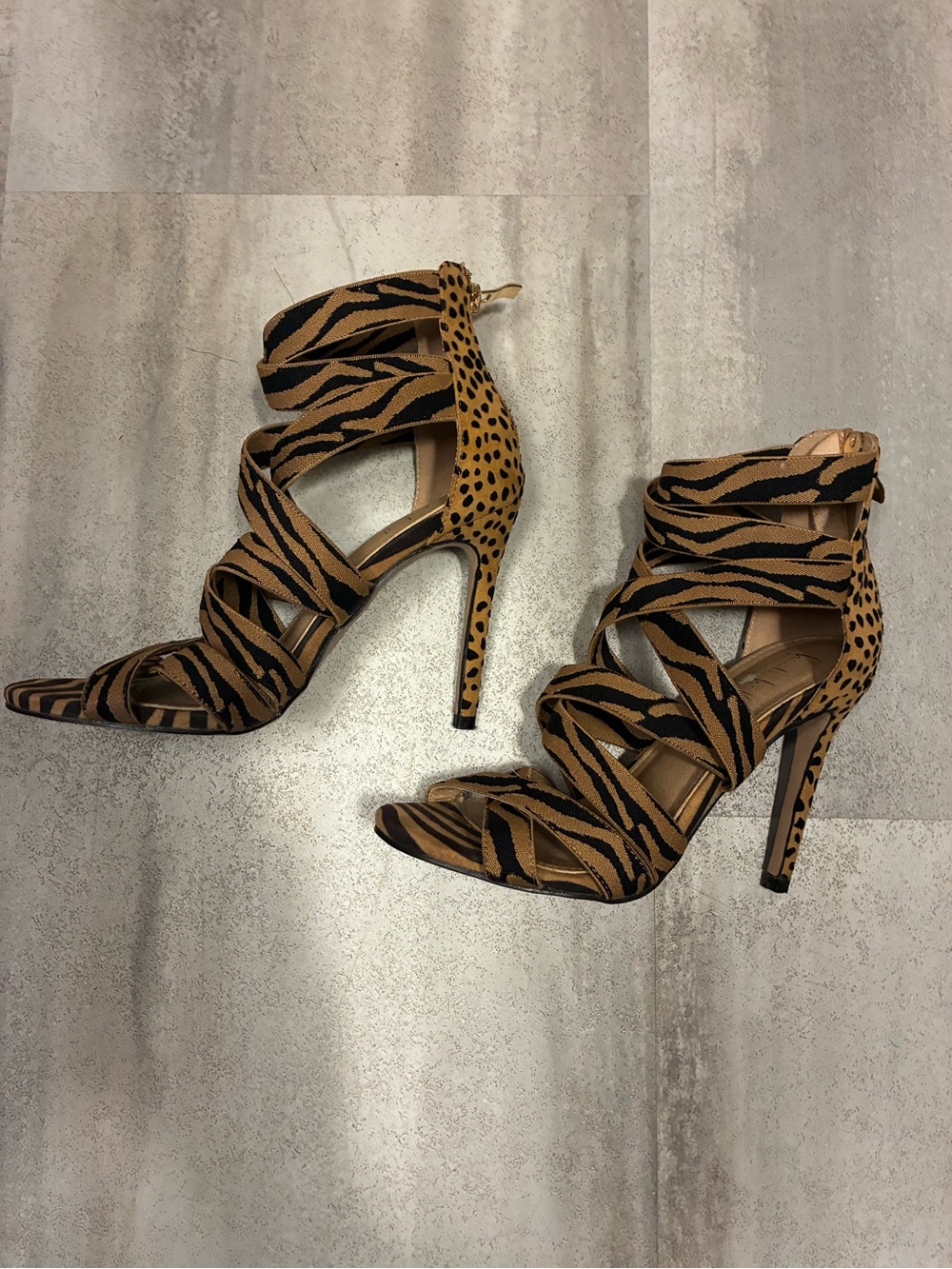 Nicole Miller Tiger-Print Strappy High Heels — Brown/Black - Picture 4 of 7